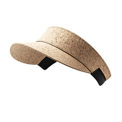 A beige cork visor hat with a black band, isolated on transparent background