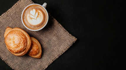 coffee and bakery espresso presentation. Coffee with latte art accompanied by croissants on a textured surface.