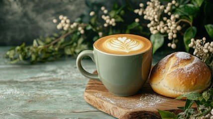 coffee and bakery espresso presentation. A cozy coffee cup with latte art beside a fresh pastry on a wooden board.