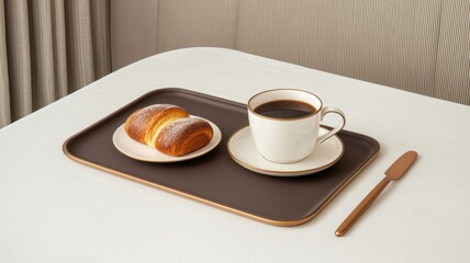 coffee and bakery espresso presentation. Breakfast tray with coffee and croissants on a table setting.