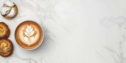 coffee and bakery espresso presentation. Coffee cup with latte art and cookies on a marble surface.
