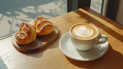coffee and bakery espresso presentation. Warm coffee and pastries on a wooden table by the window.