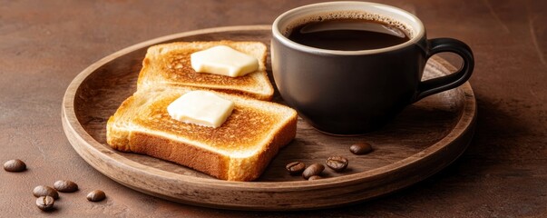 coffee and bakery espresso presentation. Breakfast platter with toast, butter, and a cup of coffee on a wooden tray.