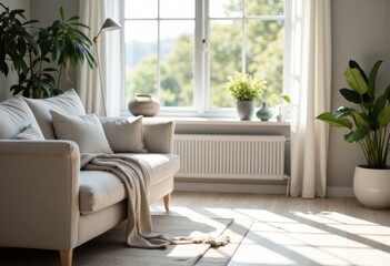 Fototapeta premium Bright and airy living room with large windows, cozy sofa, and lush green plants