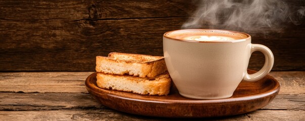 coffee and bakery espresso presentation. Warm cup of coffee beside slices of bread on a rustic wooden table.