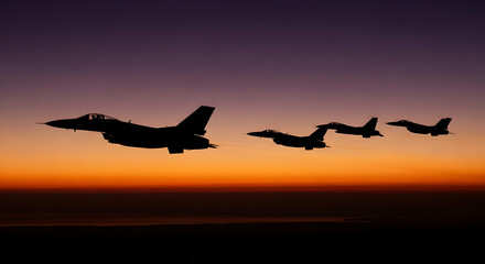 Fototapeta premium Fighter Jets Flying Silhouette Orange Sky