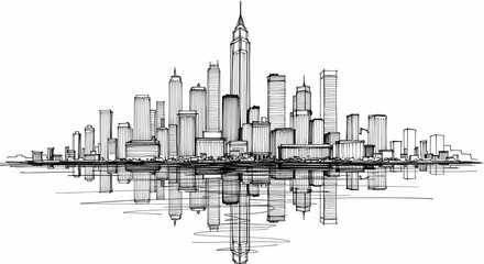 Obraz premium Monochrome Cityscape Sketch Reflected on Water, Abstract Urban Drawing