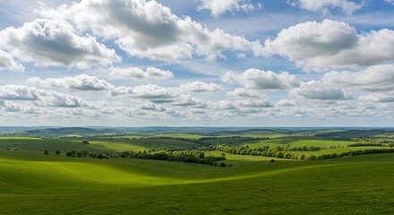 Rolling Green Hills Landscape with Trees and Cloudy Blue Sky