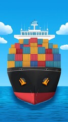 Flat Art Cargo Ship with Containers for Global Logistics and Maritime Freight Illustration