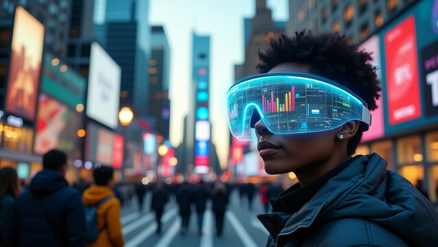 Photo of a futuristic woman wearing augmented reality glasses, navigating the bustling streets of a vibrant city