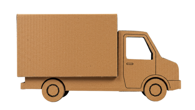 Cardboard cutout of a delivery truck on a transparent background