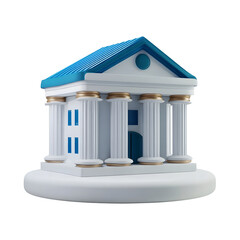 Stylized 3D of a government or public building with classical columns and a vibrant blue roof featuring a minimalist cartoon inspired aesthetic against a clean white background
