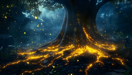 Illuminated roots of a large tree in a mystical forest at night.