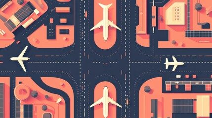 Aerial View of Modern Airport with Planes and Runways Illustrating Aviation Infrastructure and Urban Development in an Artistic Style