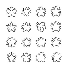 Set of Y2K Star Icons in Black and White Line Art. Retrofuturistic Graphic Elements.