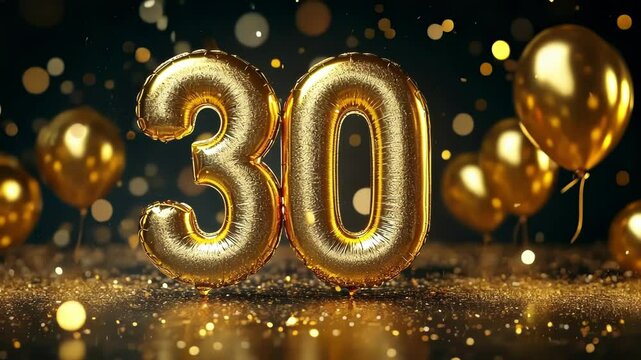 Gold 30th birthday balloons with confetti. Festive, celebratory image.