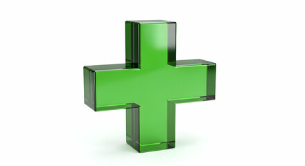 Fototapeta premium Green Glass Plus Sign Symbol on White Background