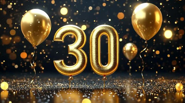 Golden 30th birthday with balloons and confetti