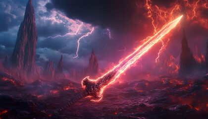 Glowing sword on a volcanic landscape during a storm.