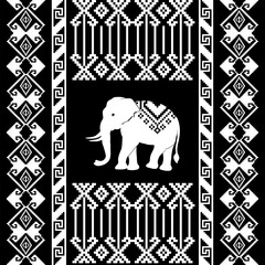 Traditional Thai textile-inspired pixel art design featuring two white elephants with ethnic geometric patterns. This high-contrast black and white digital artwork reflects Southeast Asian culture
