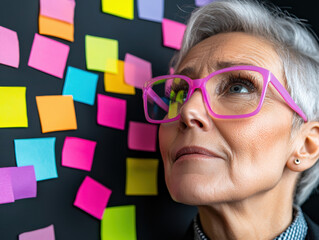 Creative brainstorming session with colorful sticky notes wall, showcasing leadership