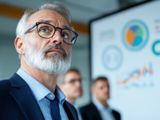 Thoughtful executive in suit listens intently during strategic meeting, surrounded by colleagues