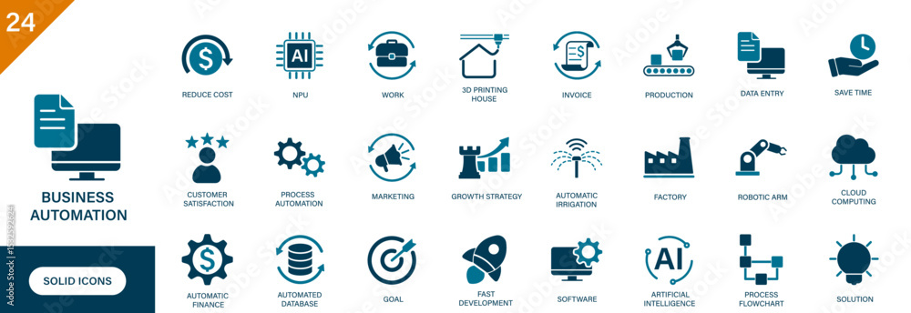 Poster business automation icon. containing workflow automation, ai, robotics, reduce cost, software. solid