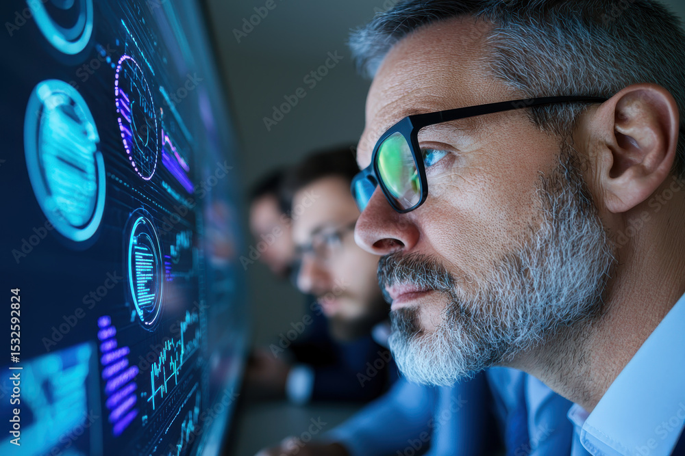 Poster executives analyzing data on large screen, focused and engaged in discussion