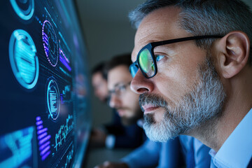 Executives analyzing data on large screen, focused and engaged in discussion