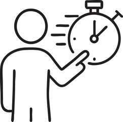 Stick Figure Pointing at a Stopwatch Representing Time Management and Deadline Awareness in a Simple Black and White Illustration