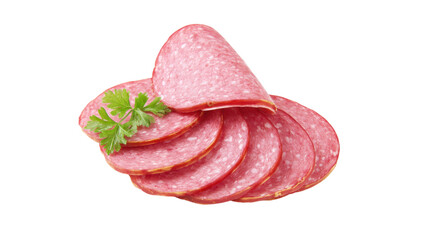 Salami slices with parsley garnish on transparent background