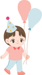 Joyful Birthday Celebration: An adorable cartoon boy with a party hat cheerfully walks with a couple of balloons, symbolizing a fun birthday.