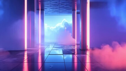 Abstract hallway with neon lights and sky with clouds, futuristic architecture. Modern interior, architecture, abstract and sky concept. - Powered by Adobe