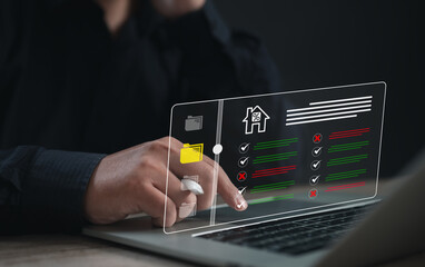 User analyzing checklist document status on digital housing application interface, representing...
