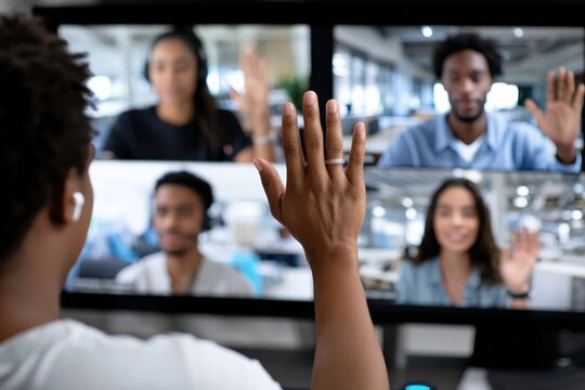 A person raises their hand to engage during a virtual meeting, showcasing teamwork and communication in a modern digital workspace with multiple participants on display.