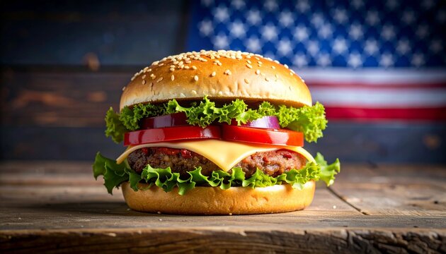 A juicy burger against the american flag background - Powered by Adobe