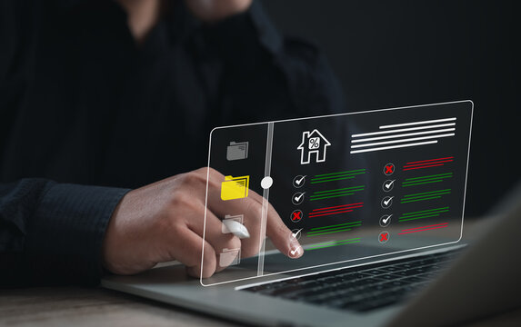 User analyzing checklist document status on digital housing application interface, representing loan evaluation, task review, approval progress, financial eligibility in modern real estate systems.