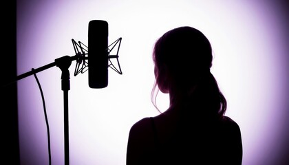Woman singing into microphone in a studio with dramatic lighting during a recording session