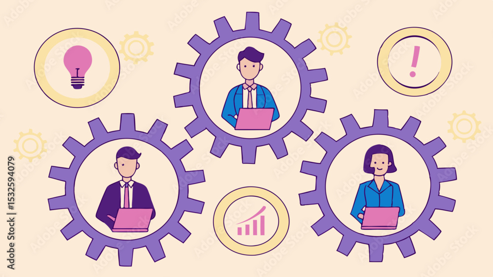 Poster Illustration of three people working inside gears with icons around them on a light background