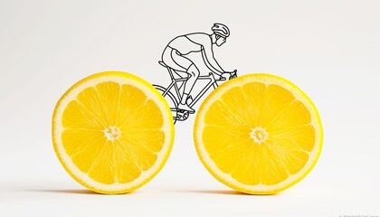 Creative illustration featuring a cyclist riding a bicycle made of lemon halves in a bright setting