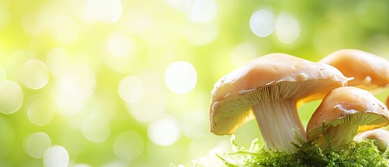 Group of mushrooms growing on moss with a beautiful bokeh background