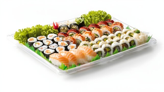 Assorted sushi platter on a clear plastic tray.