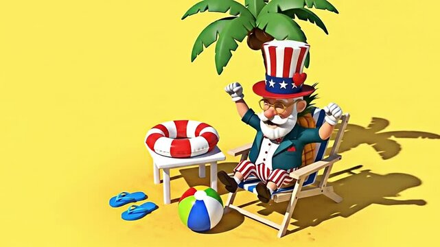 Animated Uncle Sam Celebrates 4th of July on Tropical Beach