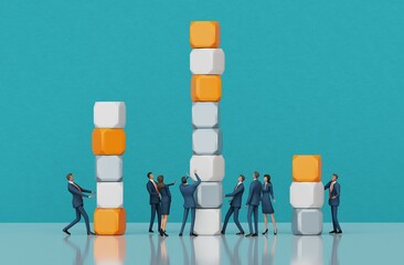 Charts visualisation, business people working hard to build tall structure of cubes. Business and finance industry 3d rendering 