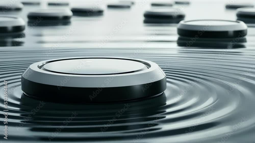 Poster minimalist design: abstract gray platform floating on water with ripple effect.
