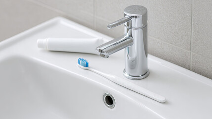 Toothbrush and toothpaste tube on white sink with silver faucet
