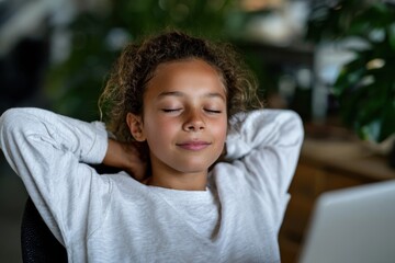 A young girl sits comfortably in a chair with her eyes closed, embodying tranquility and relaxation, surrounded by a lush indoor garden. It's a moment of peace and joy.