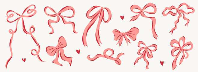 Vector Illustration of 11 pink girly vintage bow set. Y2k bow hair decor flat. Ribbons isolated. Trendy girls accessories. Cute hairstyle elements collection for valentine's day, Christmas, wedding.