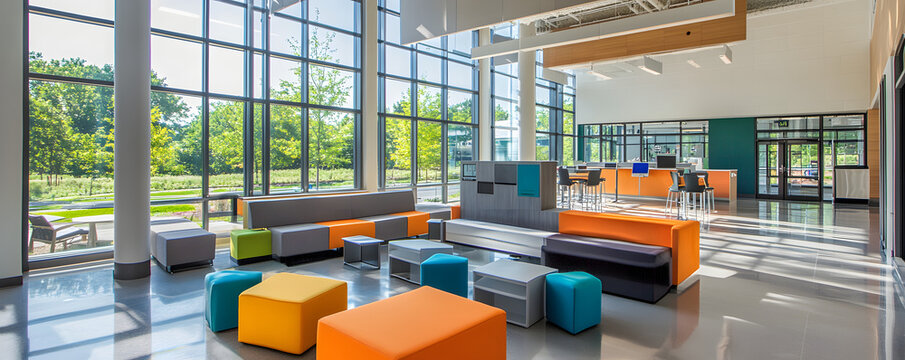 A modern, spacious interior with large windows, bright colors, and flexible seating arrangements designed for collaborative activities.