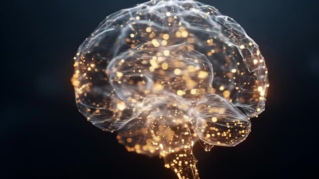 3D holographic brain with glowing neurons firing dynamically against a dark backdrop. Visual representation of neural impulses and brain connectivity.

